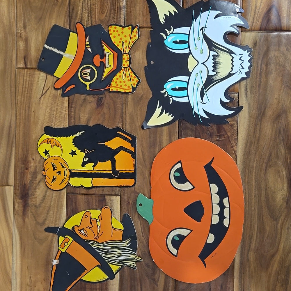 Vintage H.E. Luhrs Die-Cut USA Cardboard Halloween Decor Cat  Witch‎ Pumpkin